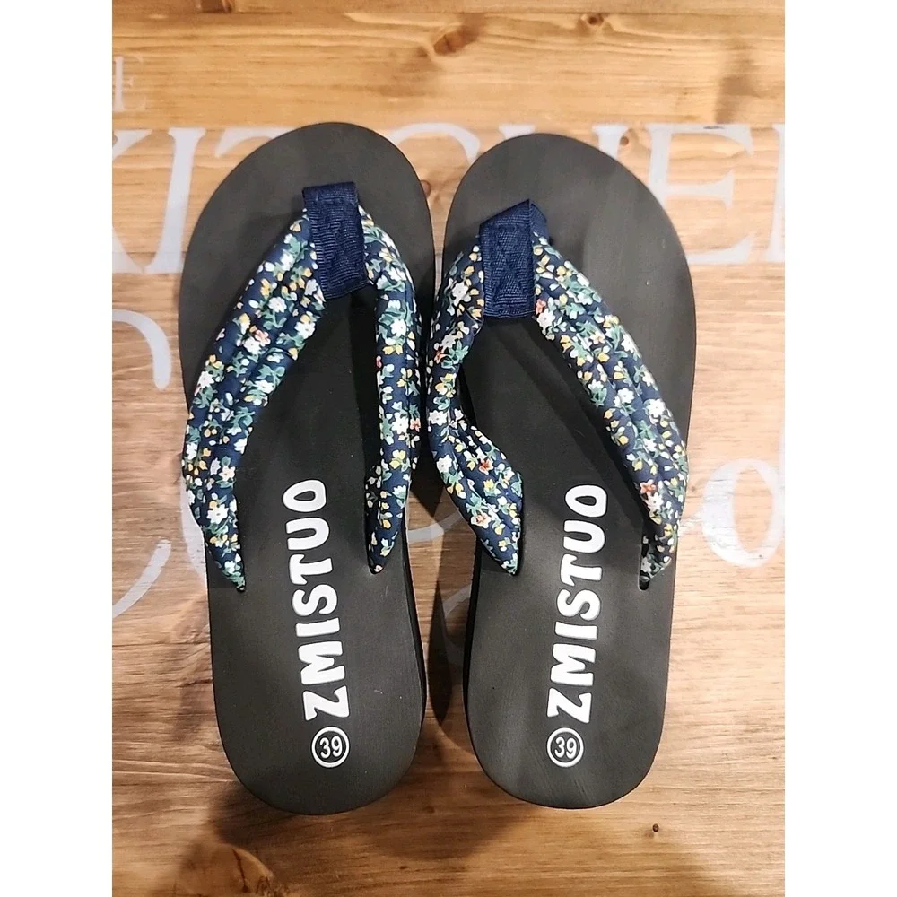 Women's Floral‎ Flip Flops Sandals Size 8 ZMISTUO Black Summer Beach Shoes